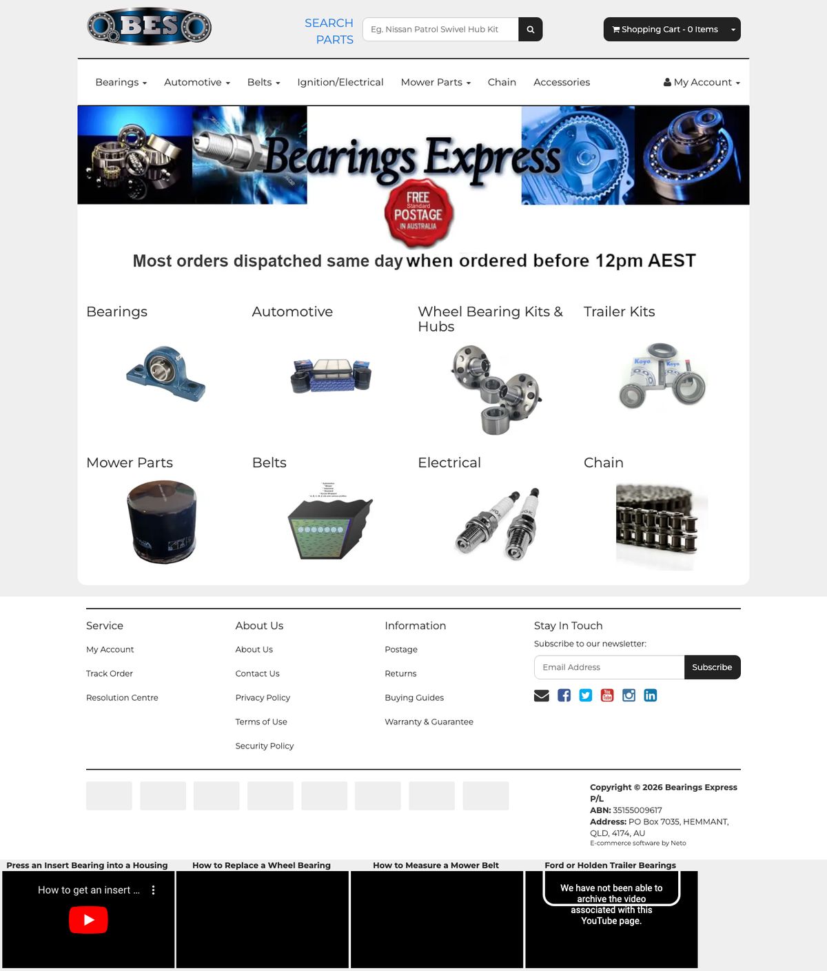 The old bearingsexpress.com.au homepage on Neto — full page