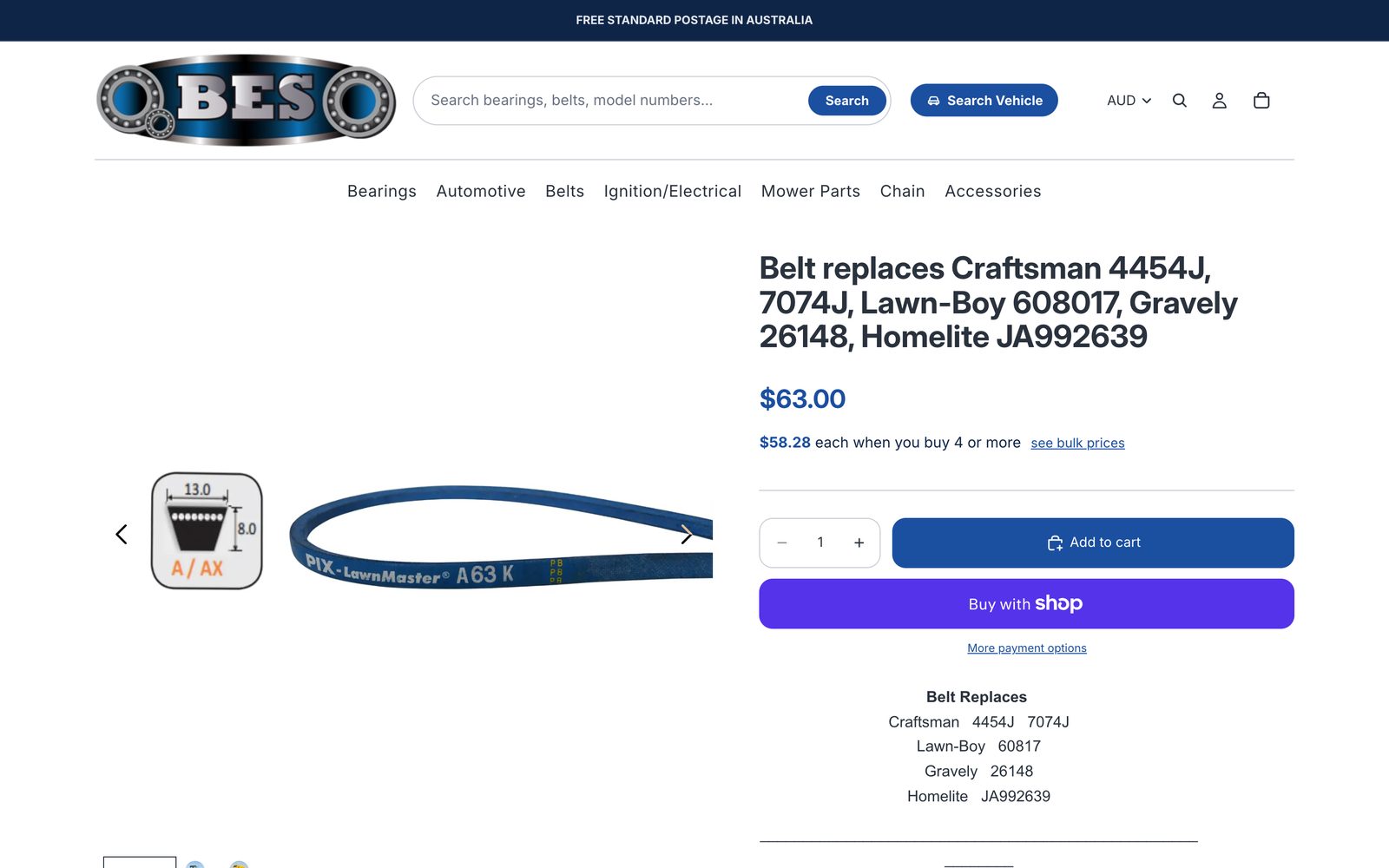 A product page with bulk pricing and interchange part numbers